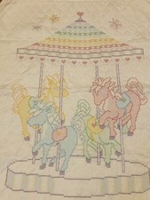 Vintage Handmade Carousel Baby Crib Quilt Cross Stitch Needlepoint Blanket 31x42