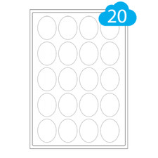 20 Oval White Paper Labels - 10 A4 sheets - 40mm x 50mm - Inkjet/Laser Printer