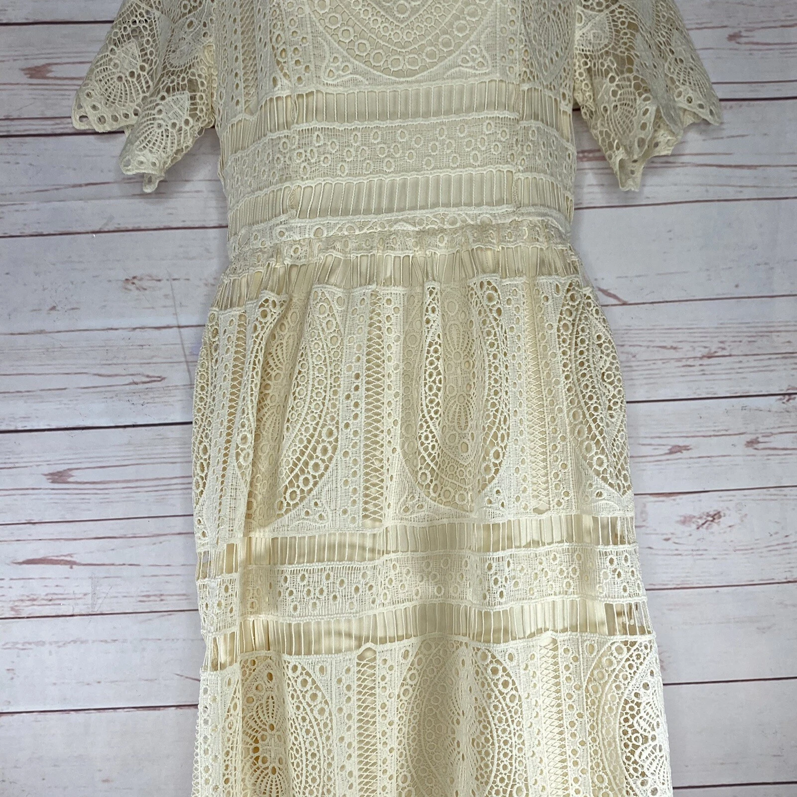 OFF WHITE Abito Polagram stile uncinetto pizzo panna taglia S