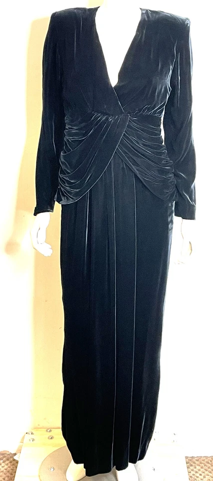 Vestido de Noche Vintage Años 80 I Magnin Bill Blass Negro Terciopelo 4 6 Cintura Drapeada Foto 2 de 4