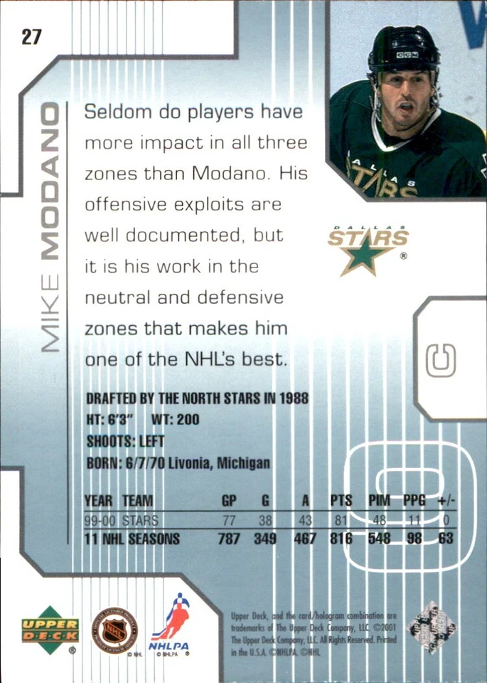 Mike Modano DALLAS STARS 2000-01 Upper Deck Pros and Prospects #27 - Image 2 of 2