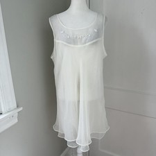 Victoria  s Secret Sheer Ivory Babydoll Slip Dress Beaded Floral Neckline Size L