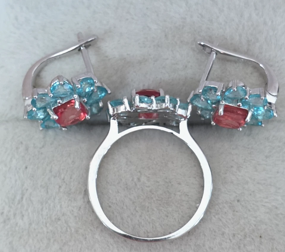 Red & Blue Topaz 14K White Gold Over 925 Sterling Earrings & Ring Set 5.10 ctw - Image 4 of 4