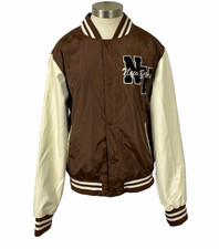(NEW) New York Men's Brown/White Varsity Jacket Faux Leather Snap XL