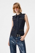 PRADA Utility Vest Jacket Top Navy Blue Black Leather Trim Sleeveless Size M L