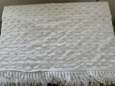 Vintage 1980s Baby Blanket White Lace Knit Honeycomb Shawl with Fringe Soft 