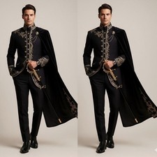 Black Men's Suits with Long Cape Embroidery Wedding Evening Party Prom 2Pieces