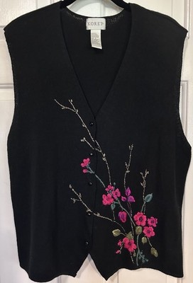 VTG 90 s Koret Knit Sweater Vest Large Cottagecore Embroidered Floral Granny