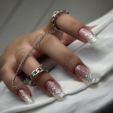 Square Press on Nails Short Medium Ombre White Glue on Nails with Bling