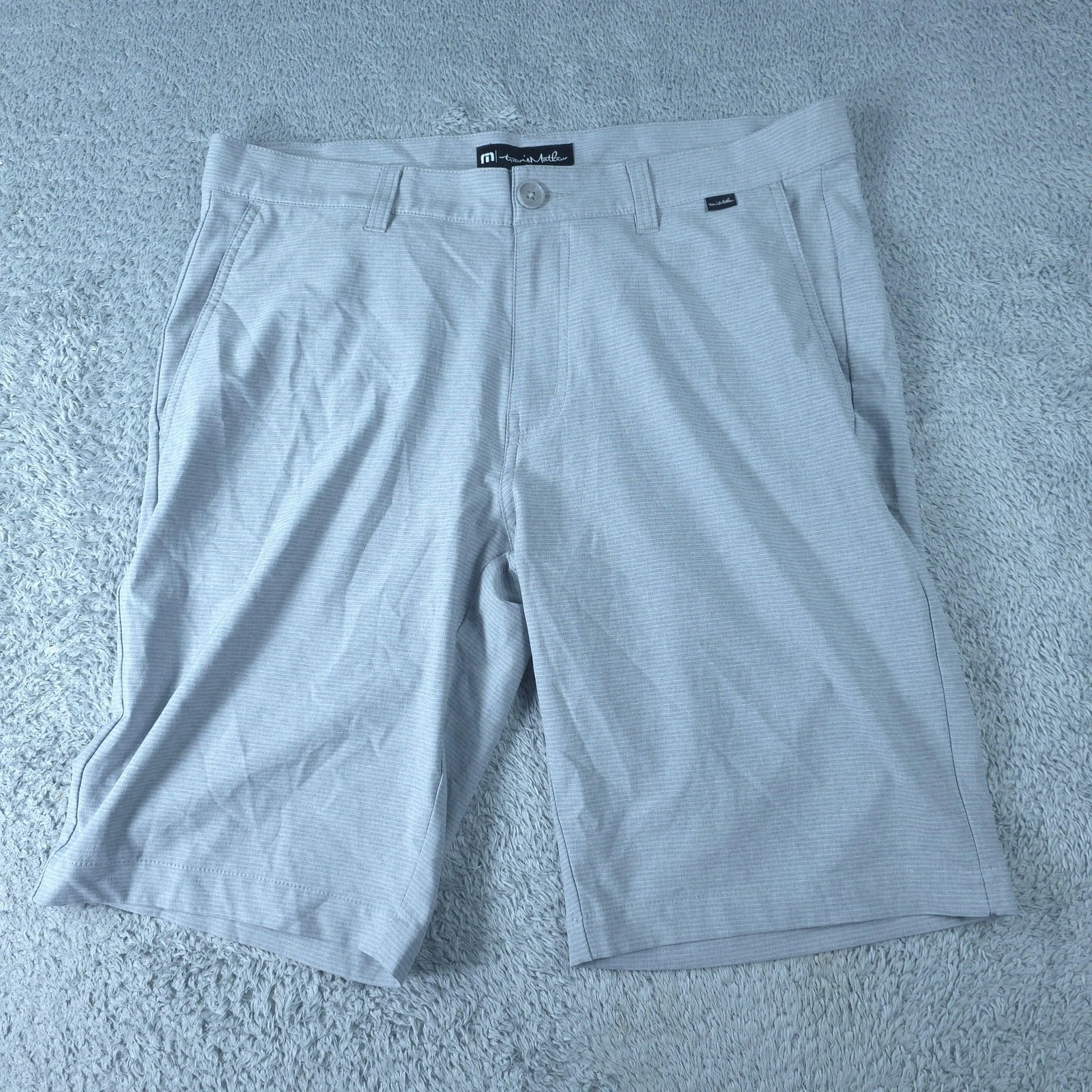 TravisMathew Shorts Mens 34 Gray Stripe Chino Stretch 11 Inseam Golf Casual