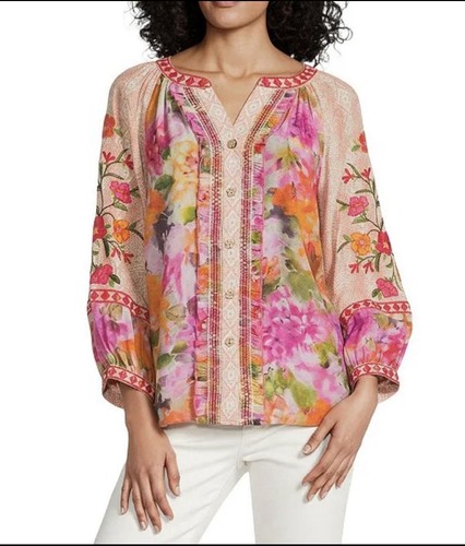 John Mark Embroidered Floral Split V-Neck Button Front Top Medium Watercolor