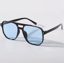 Blue Lens Aviator Sunglasses   Black Frame, Lightweight, Unisex   New