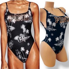 PINK Victoria  s Secret Swimsuit One Piece Low Back Full Logo Tropical Black S