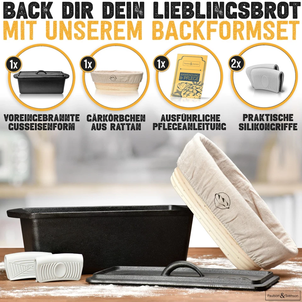Brotbackform aus Gusseisen mit Deckel inkl. Gärkorb, Silikongriffe Brotform Guss - Bild 2 von 4
