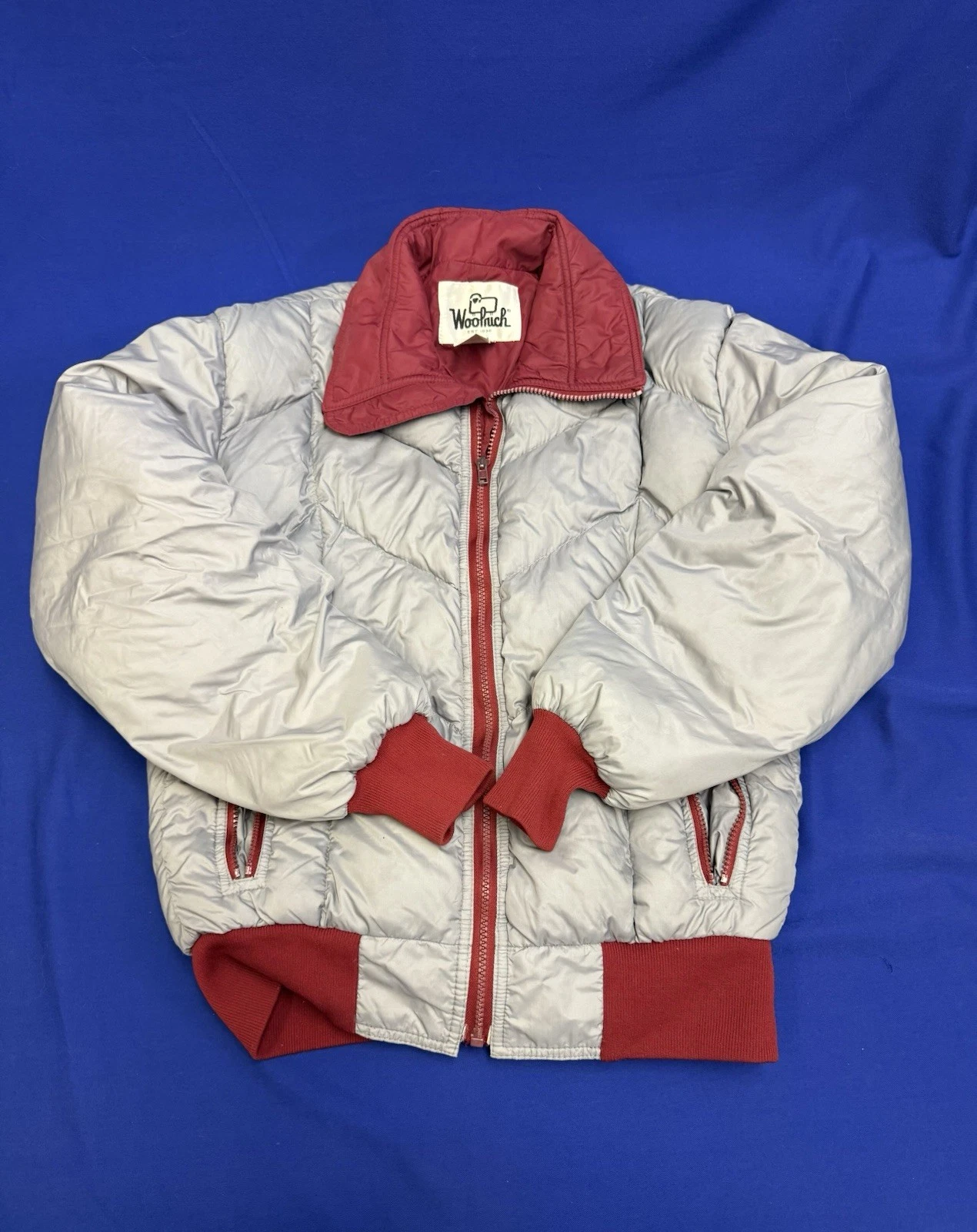 Vintage Woolrich Silver Red Puffer Jacket 80s Nylon Bomber USA Made Sz S