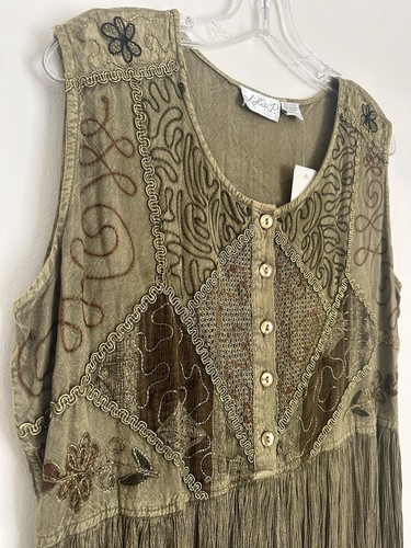 NWT Lola P Green Crinkle Rayon Earth Tone Embroidered Sleeveless Maxi Dress XL - Picture 3 of 7