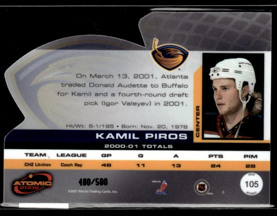 2001-02 Pacific Atomic Premiere Date #105 Kamil Piros Rookie 480/500 Atlanta - Image 2 of 2