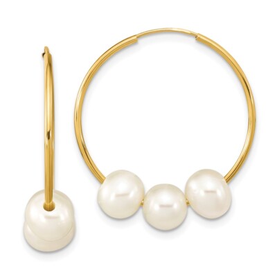 27.25mm 14k Gold 6-7mm Semi-round White Freshwater Cultured PEarringsl Hoop