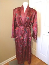 Vtg BETH MICHAELS Shiny Glossy Jewel Tone Satin L/S Belted Wrap Long Robe-Medium