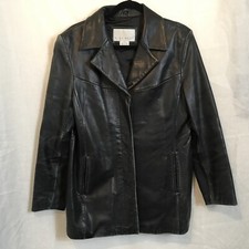 Vintage Nine West Womens Black Butter-Leather Distressed Jacket SZ L Collared