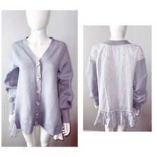 NWT $875 Adeam Intermix gray ruffle back striped cardigan sweater top S