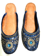 Vintage Blue Silver beaded Sequin Blue jewel leather Flat Slippers India Sz 10