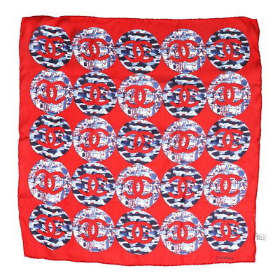 CHANEL Red Round CC Cocomark Motif 100% Silk Scarf 27