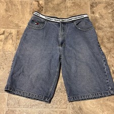 VTG 90s Tommy Hilfiger Men's Waist Spellout Tape Bl Denim Shorts Size 34 RARE