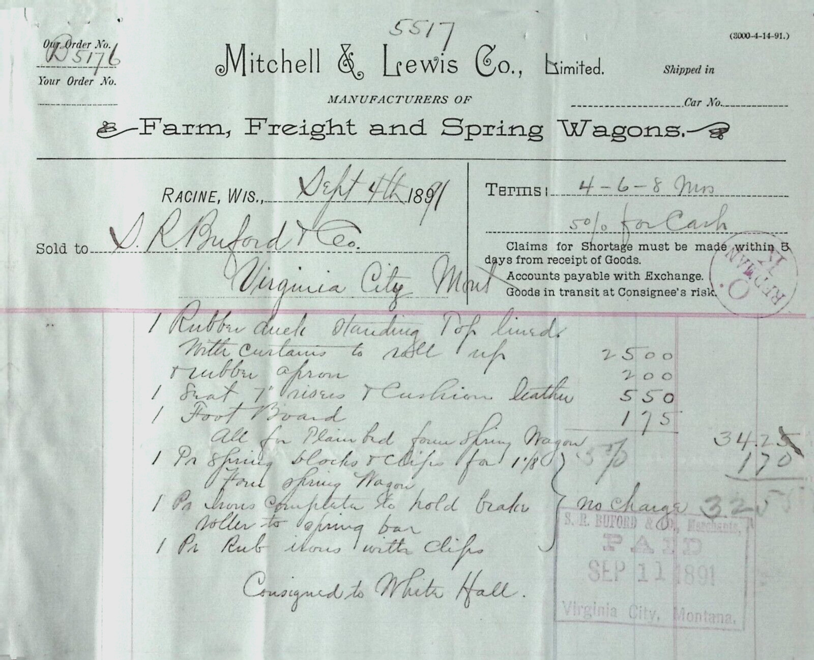 1891 Mitchell & Lewis Billhead Farm Freight and Spring Wagons RACINE WI