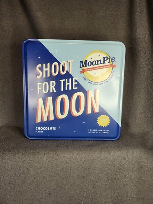 MOON PIE Shoot For The Moon  Lidded Retro Style Tin Box approx 8 X 8'' X 4'' Empty