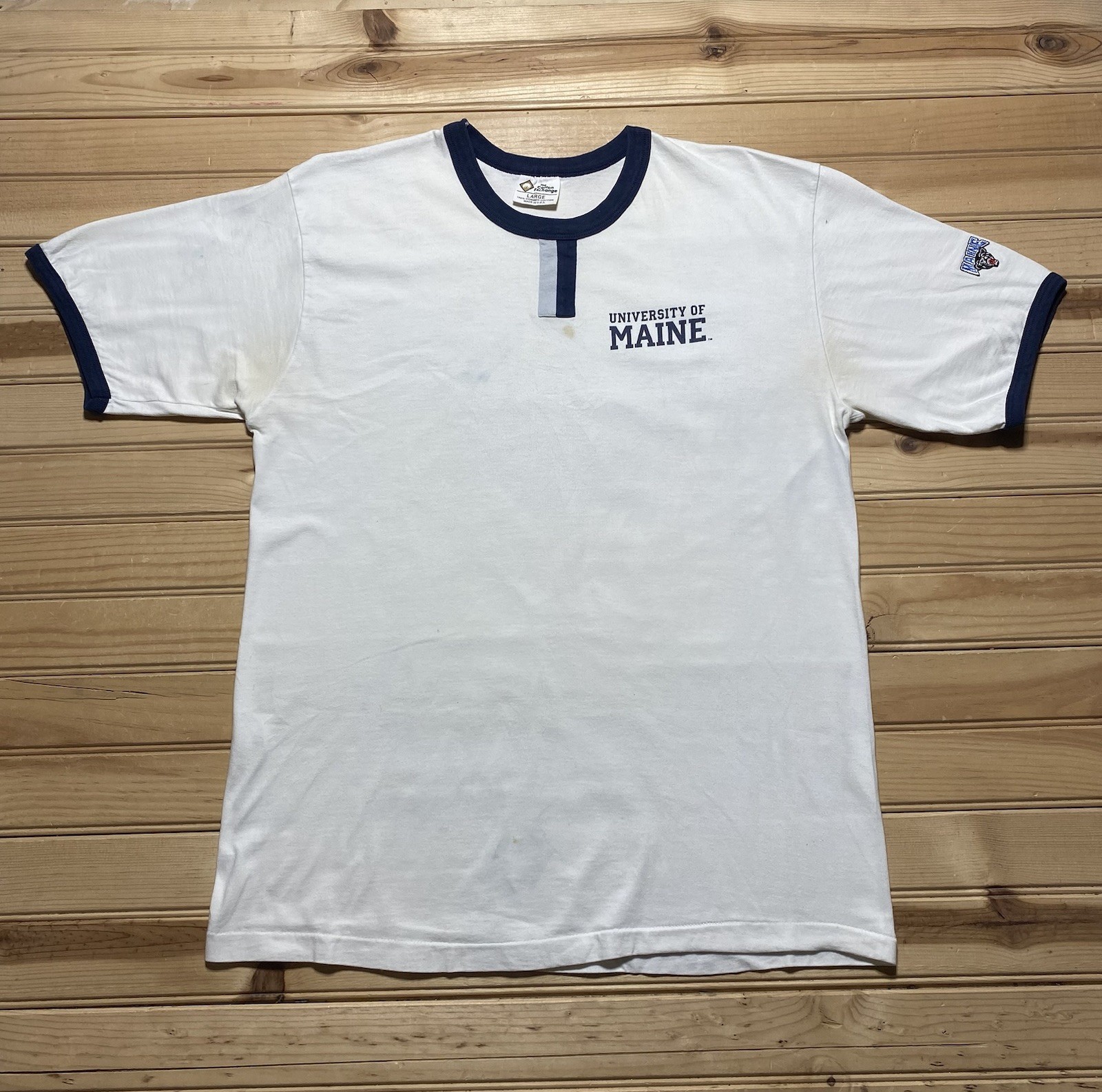 Vintage 80s 90s University Of Maine Black Bears Ringer Tee Large With Stain