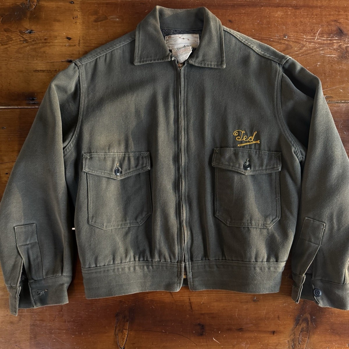 Vintage 50s 60s Whipcord Work Jacket Green 2-Pocket Sz 42 Large