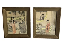 Vintage Asian Wood Block Prints Framed - Pair 7x6