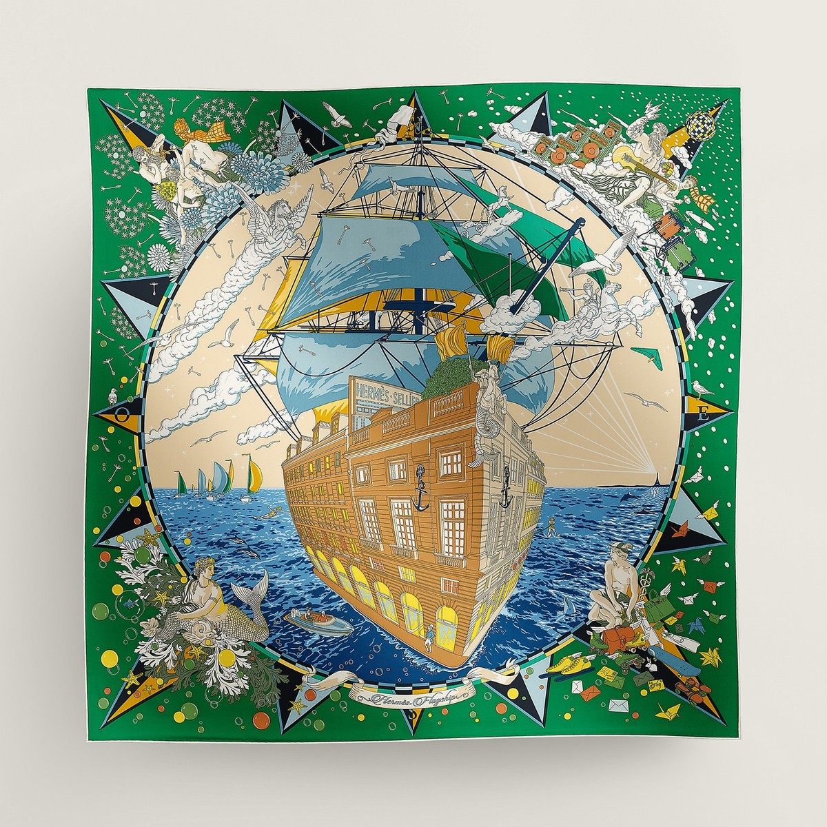 BNIB HERMES Carre 90 Flagship Silk Scarf 90cm émeraude / bleu jean