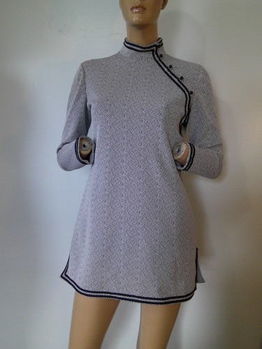 Vtg MOD 60s Black & White Double Knit Mandarin Collar Tunic Micro MINI Dress S/M, $48 - Photo 2