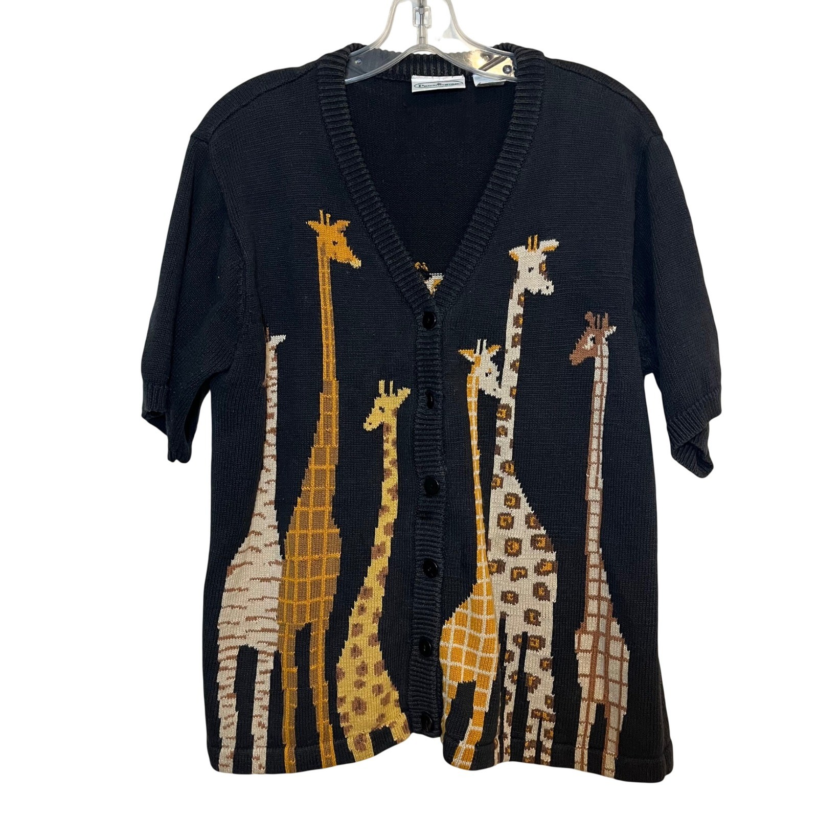 VTG Cardigan Sweater Novelty Short Sleeve Giraffe Knit Black V Neck Large