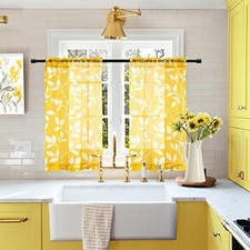Spring Yellow Curtains for Bathroom Window,Small 2 Panels Rod Pocket Short