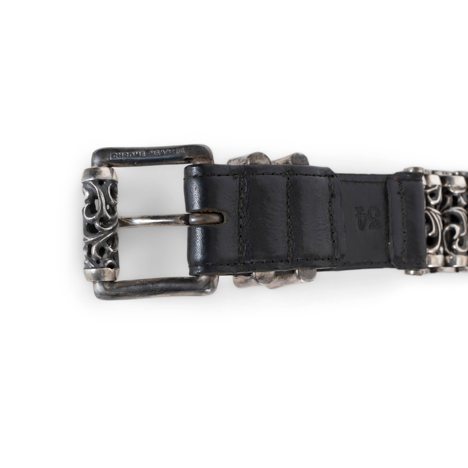 73065 auth CHROME HEARTS black leather STERLING SILVER CELTIC ROLLER Belt 34 image 8