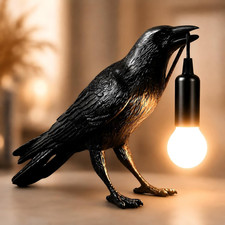 Raven Lamp Gothic Decor, Black Crow Table Light with LED Bulb E12