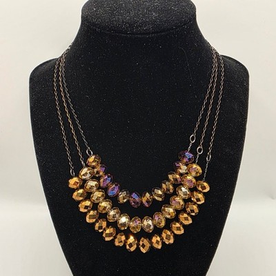 Kirks Folly Triple Strand Bib Necklace Facets Iridis Beads AB Crystal Gunmetal