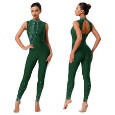 Women's Rhinestone Sleeveless Skating Jumpsuit Gymnastics Leotards Bodysuit