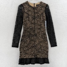 Bardot Dress Womens 4 Black Lace Long Sleeve Bodycon Mini Ruffle Hem Party NWT