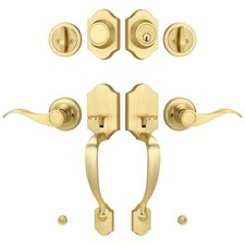LOQRON Double Front Door Handle Set Dummy And Deadbolt, Brushed Gold Entry