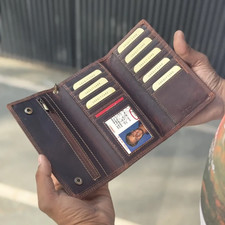 Brown Vintage Leather RFID Blocking Men's Biker Long Chain Wallet Motorcyclist