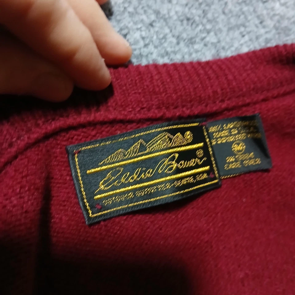 复古 Eddie Bauer 毛衣男式中号勃艮第羊羔毛 V 领套衫 90 年代 — 第 3/4 张图片