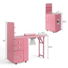 NEW Nail Desk with Wheels, 2 Drawers Cabinet Door & Storage Shelf Folding Pink