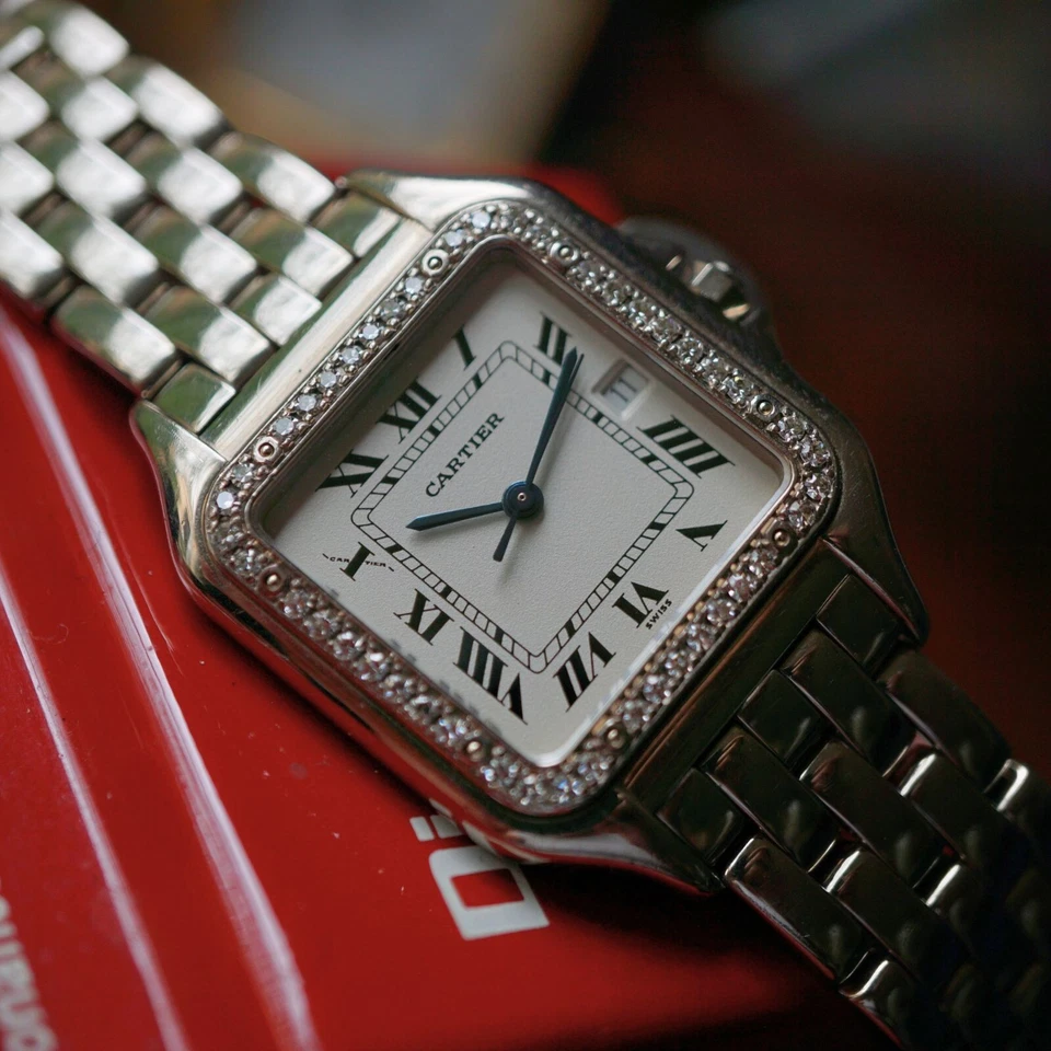 Cartier Panthere Oro Blanco 18k Fábrica Diamante Bisel Fecha 28 mm Cuarzo Años 90