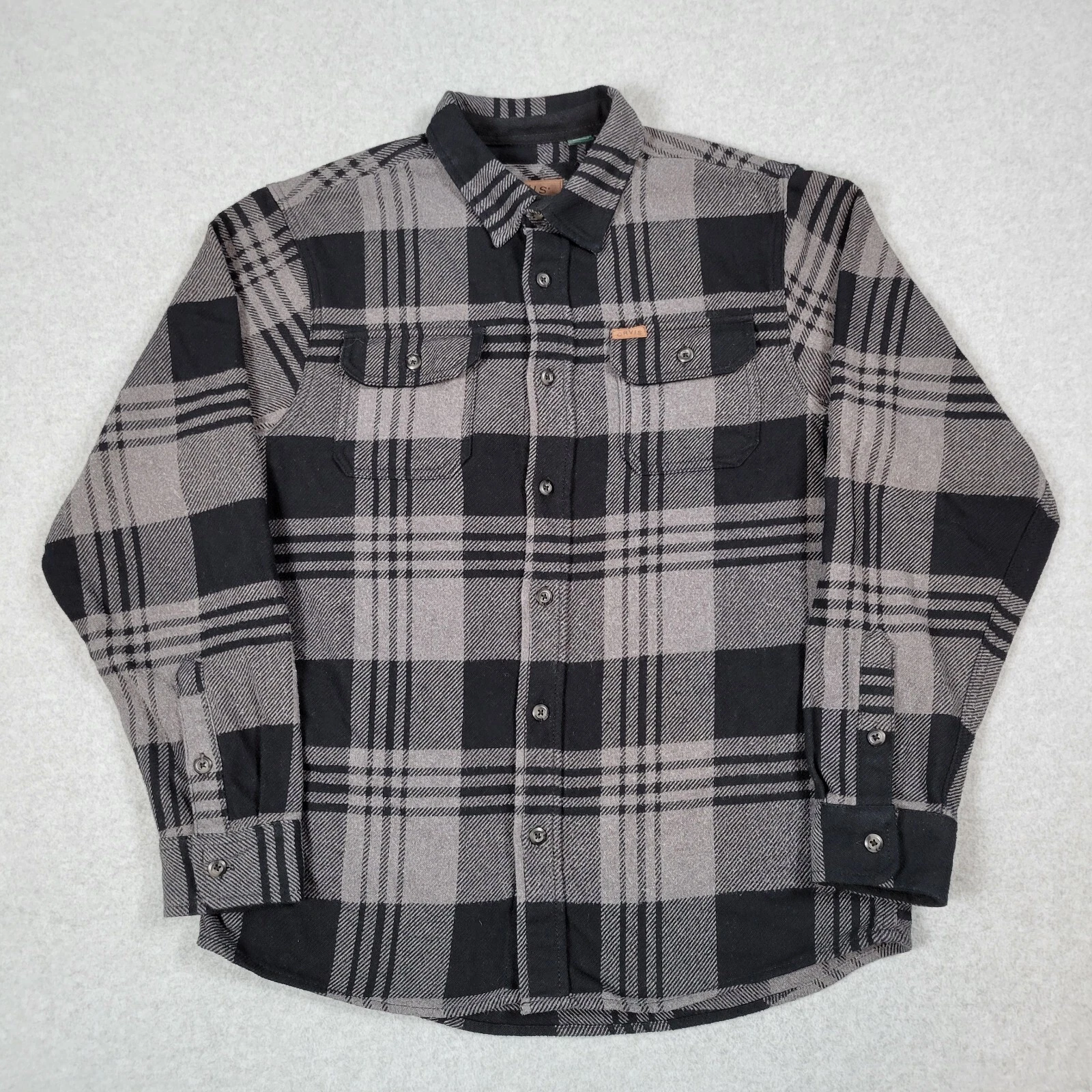 Orvis Shirt Jacket Men Large Black Gray Plaid Flannel Shacket Overshirt Outdoor