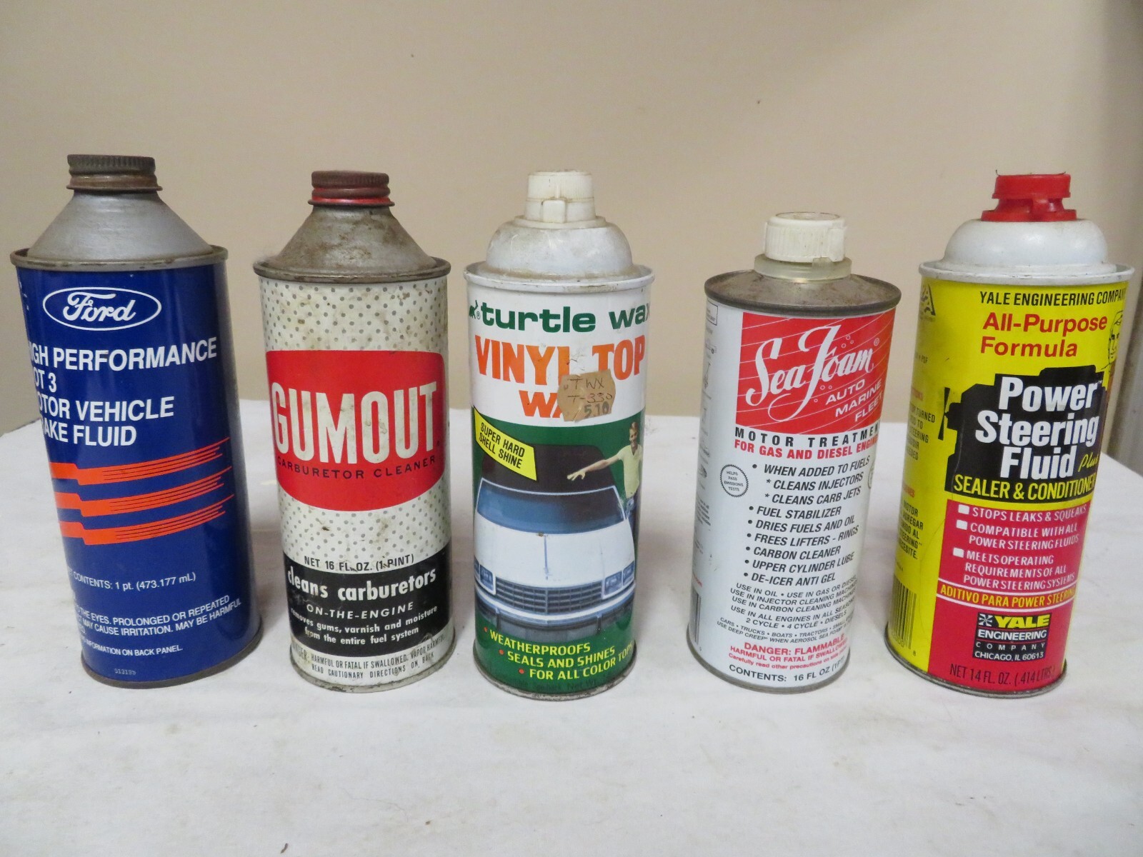 5 VTG CANS GUMOUT CARB CLEANER CAN FORD BRAKE FLUID TURTLE WAX AND MORE