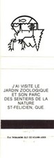 Jardin Zoologique St-Felicien Quebec Vintage Matchbook Cover 1960s